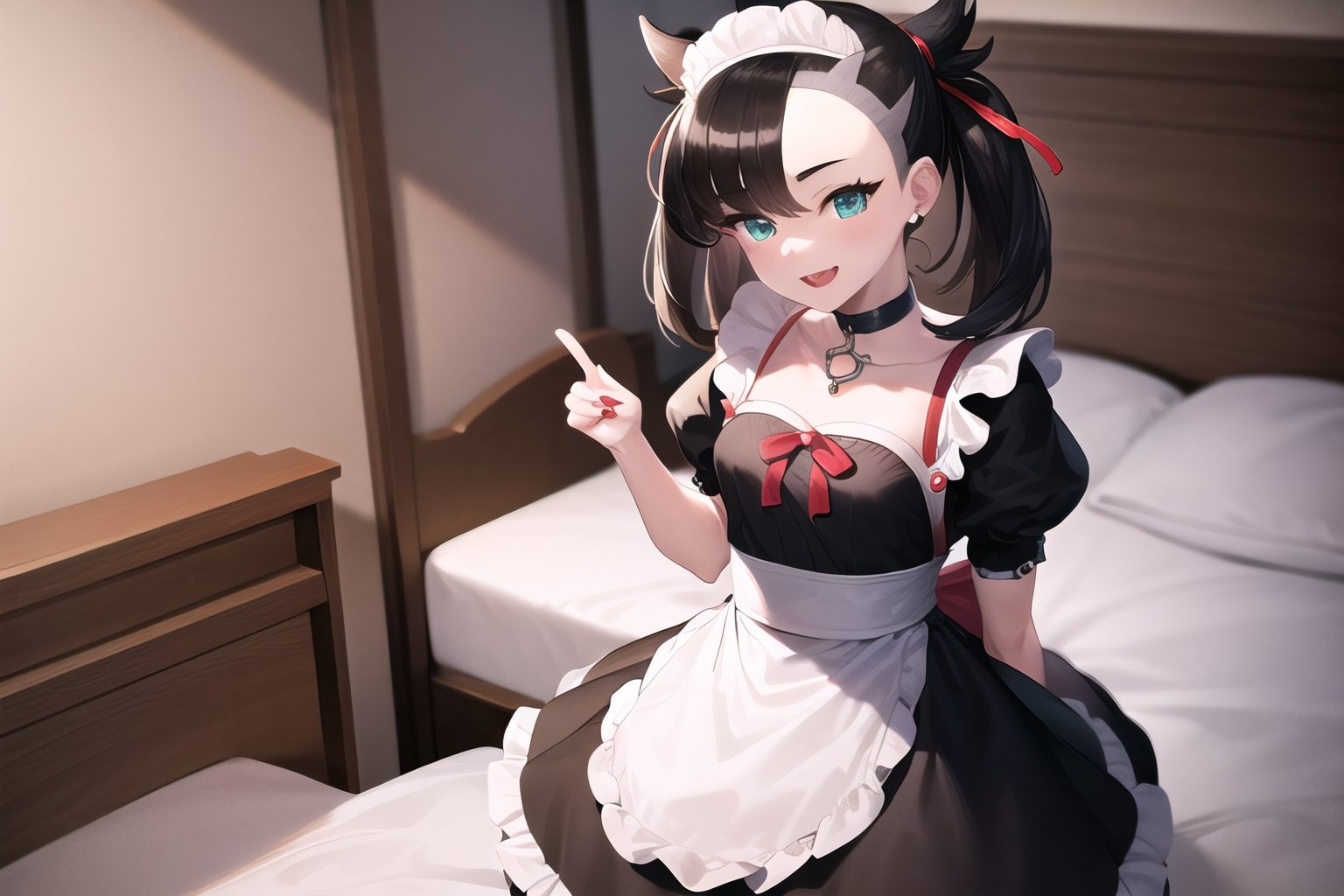 masterpiece, best quality, highres, hmmarnie, aqua eyes, black choker, red ribbon,jewelry, , cowboy shot, standing, smile, open mouth, maid_dress,maid headgear,laying at bed,bed room, bed 