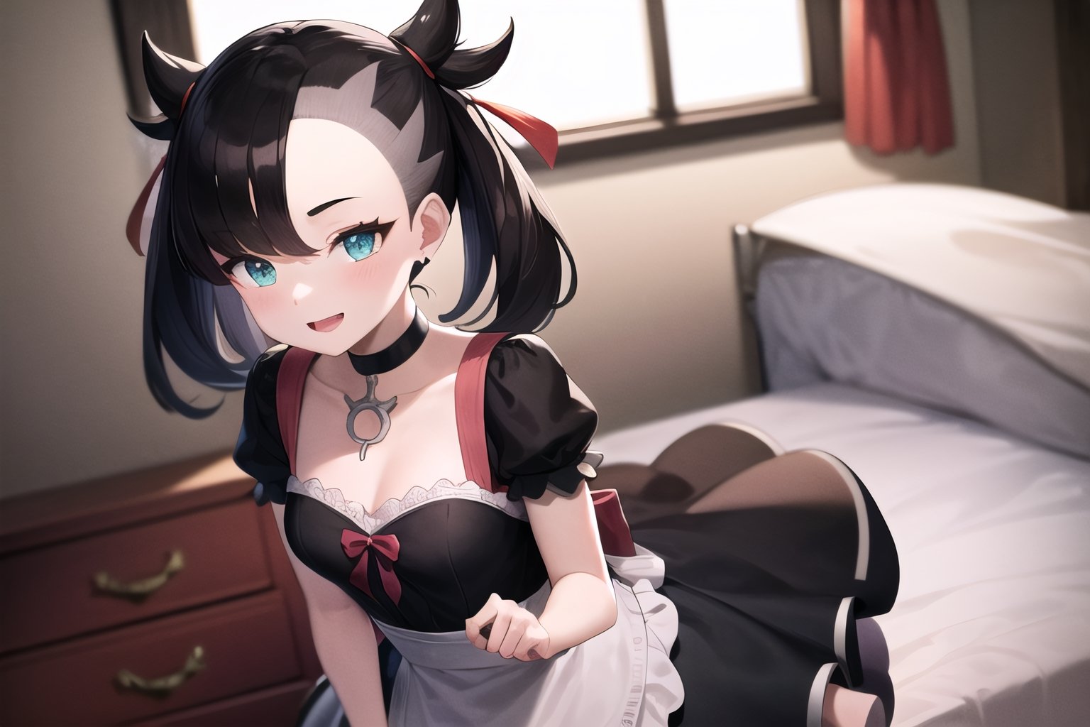 masterpiece, best quality, highres, hmmarnie, aqua eyes, black choker, red ribbon,jewelry, , cowboy shot, standing, smile, open mouth, maid_dress,maid headgear,laying at bed,bed room, bed 