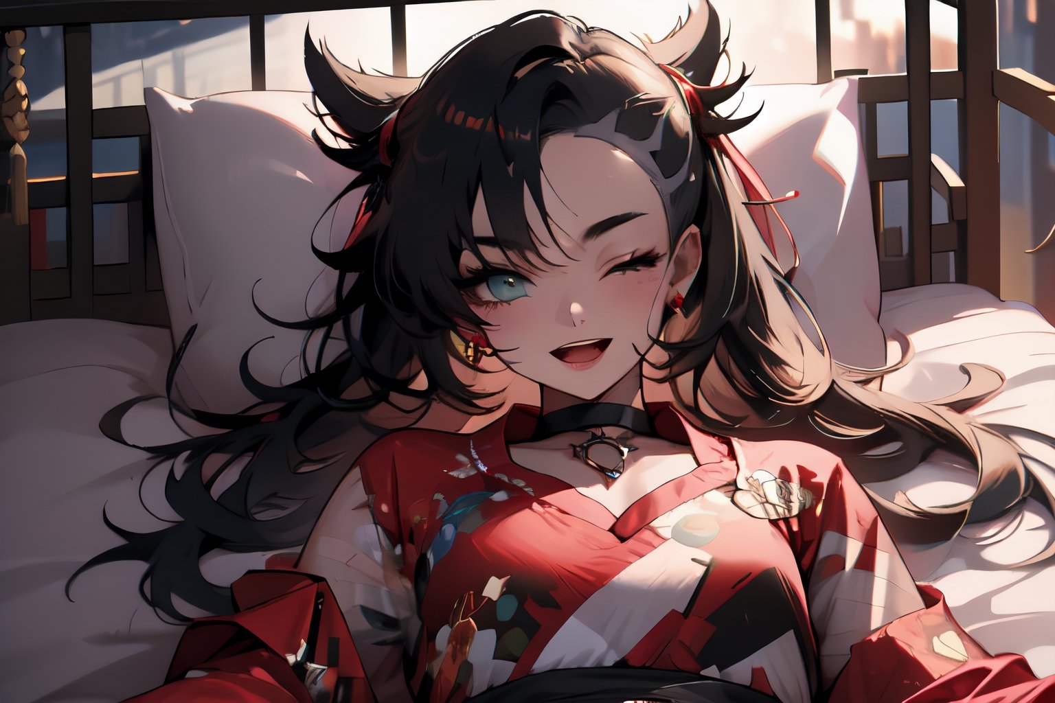 masterpiece, best quality, highres, hmmarnie, aqua eyes, black choker,jewelry, long sleeves, , cowboy shot, smile, open mouth, bed room, ,long hair,face to viewer, chinese_clothes,midjourney portrait,evening, in bed, (sleep on back:1.2),perfecteyes