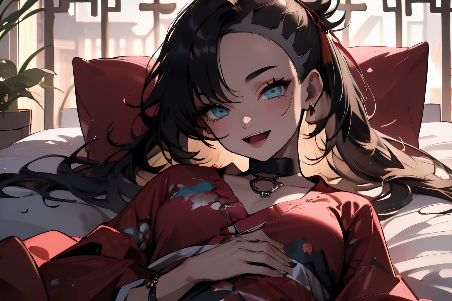 masterpiece, best quality, highres, hmmarnie, aqua eyes, black choker,jewelry, long sleeves, , cowboy shot, smile, open mouth, bed room, ,long hair,face to viewer, chinese_clothes,midjourney portrait,evening, in bed, (sleep on back:1.2),perfecteyes