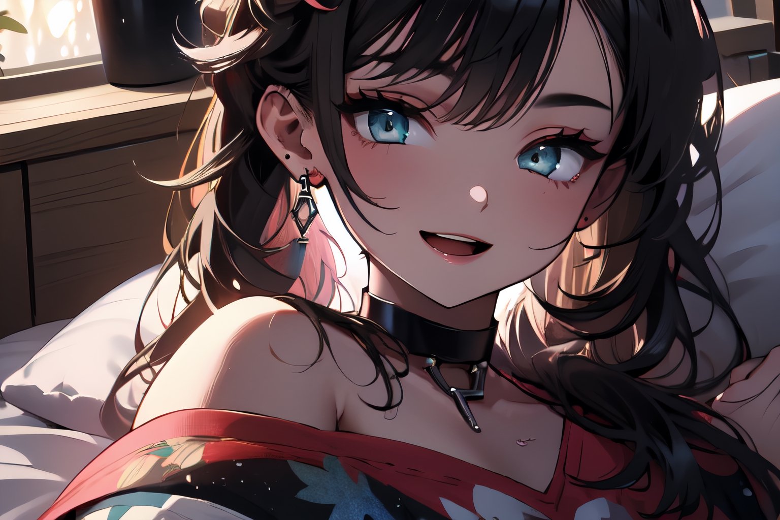 masterpiece, best quality, highres, hmmarnie, aqua eyes, black choker,jewelry, long sleeves, , cowboy shot, smile, open mouth, bed room, ,long hair,face to viewer, chinese_clothes,midjourney portrait,evening, in bed, (sleep on back:1.2),perfecteyes