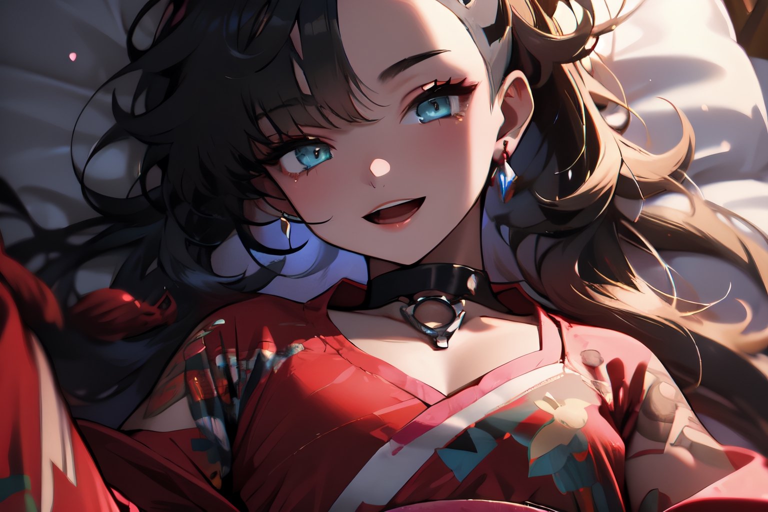 masterpiece, best quality, highres, hmmarnie, aqua eyes, black choker,jewelry, long sleeves, , cowboy shot, smile, open mouth, bed room, ,long hair,face to viewer, chinese_clothes,midjourney portrait,evening, in bed, (sleep on back:1.2),perfecteyes