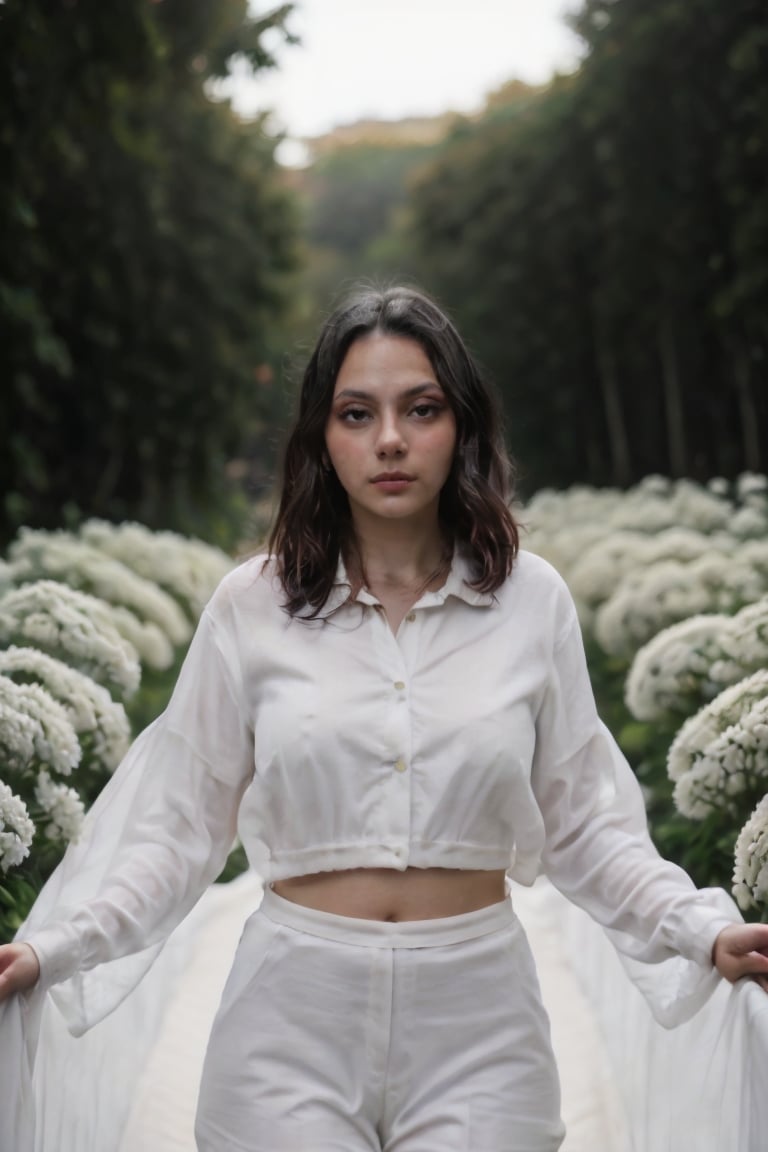 A photograph of a young woman passing through the space between the white chrysanthemums. She is gently caressing the white chrysanthemums in her hands, the petals fluttering beautifully, blurred foreground ,

8K resolution captures, High-impact details, lifelike photography, Ultra-realistic ambiance enhanced performance detailed 