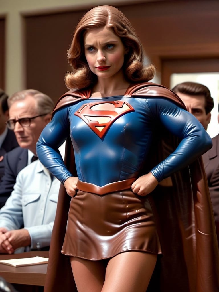 photo, realistic, chocolate female supergirl moves to reassure a worried nation, press conference, 1960s, cold war, paranoia, entire scene made of chocolate   SimplepositiveXLv1 unaestheticXLv13, chocolate
