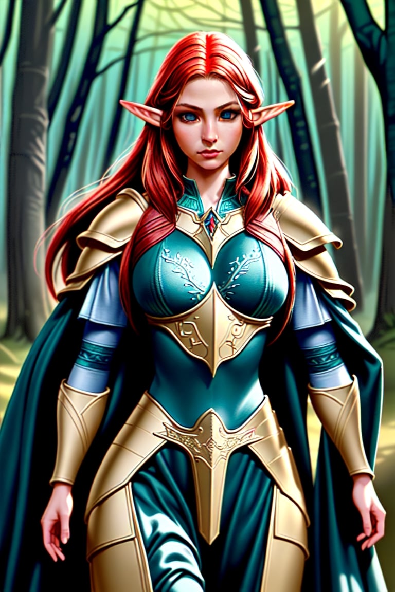 "Create a photorealistic image of a beautiful female Elven warrior with perfect face and body big breasts Red hair and blu...