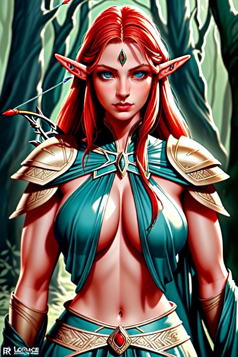 "Create a photorealistic image of a beautiful female Elven warrior with perfect face and body big breasts Red hair and blu...