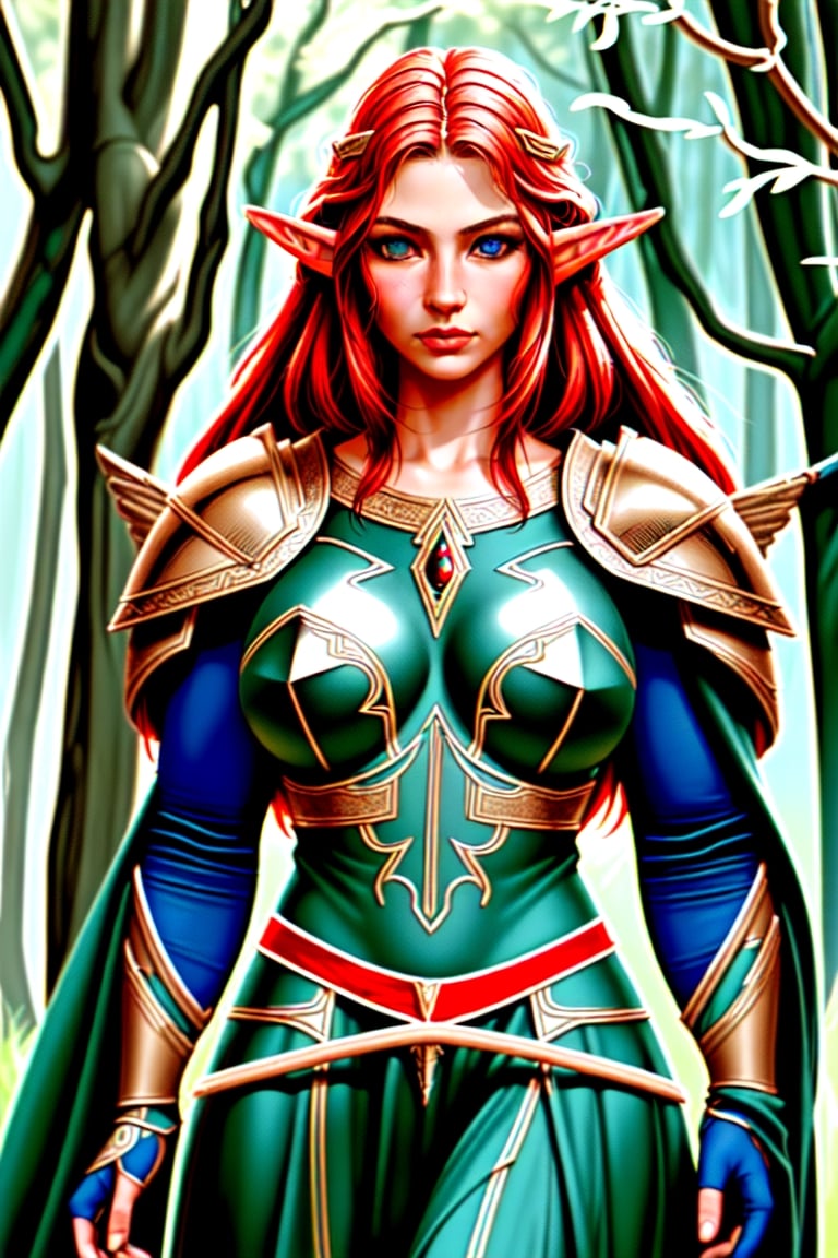 "Create a photorealistic image of a beautiful female Elven warrior with perfect face and body big breasts Red hair and blu...