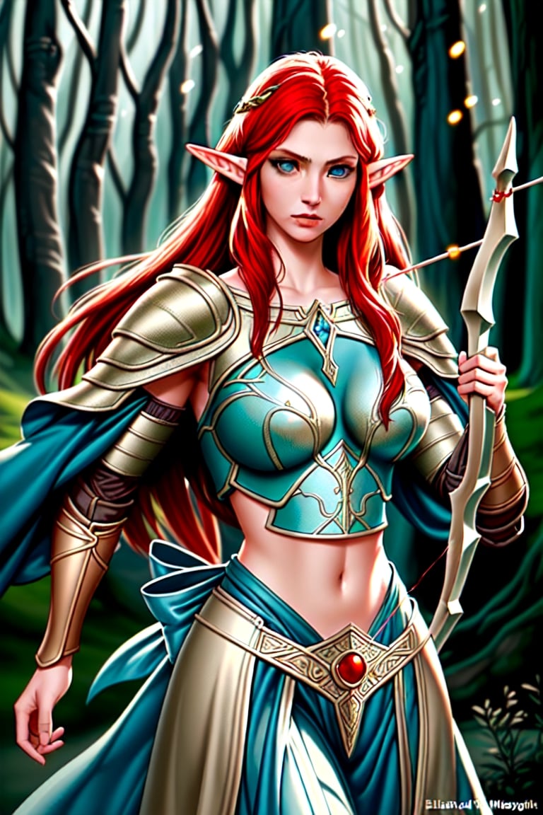 "Create a photorealistic image of a beautiful female Elven warrior with perfect face and body big breasts Red hair and blu...