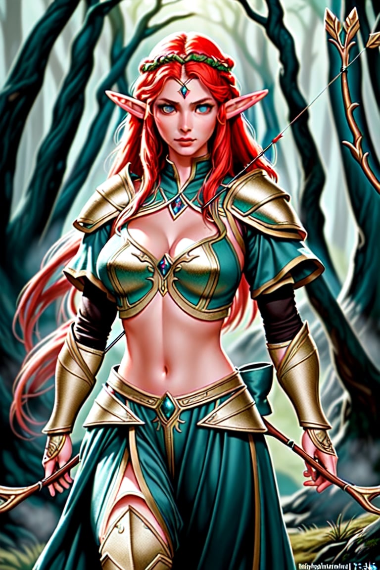 "Create a photorealistic image of a beautiful female Elven warrior with perfect face and body big breasts Red hair and blu...