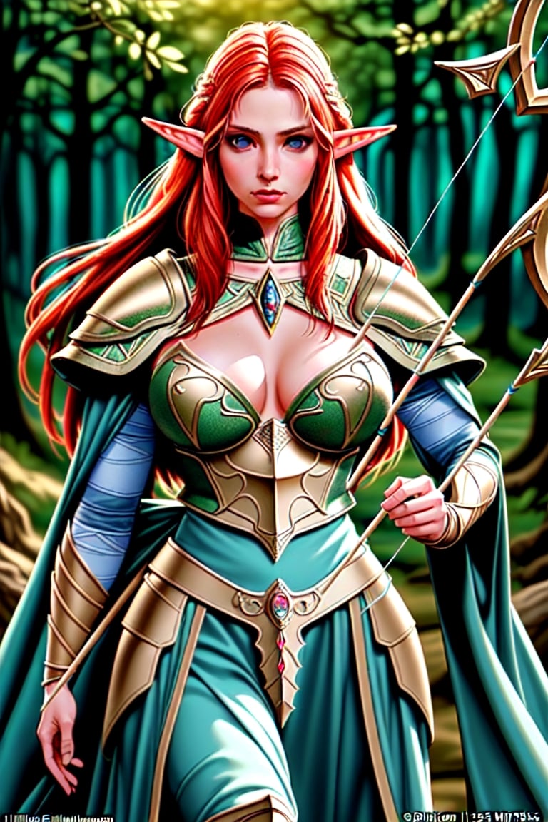 "Create a photorealistic image of a beautiful female Elven warrior with perfect face and body big breasts Red hair and blu...