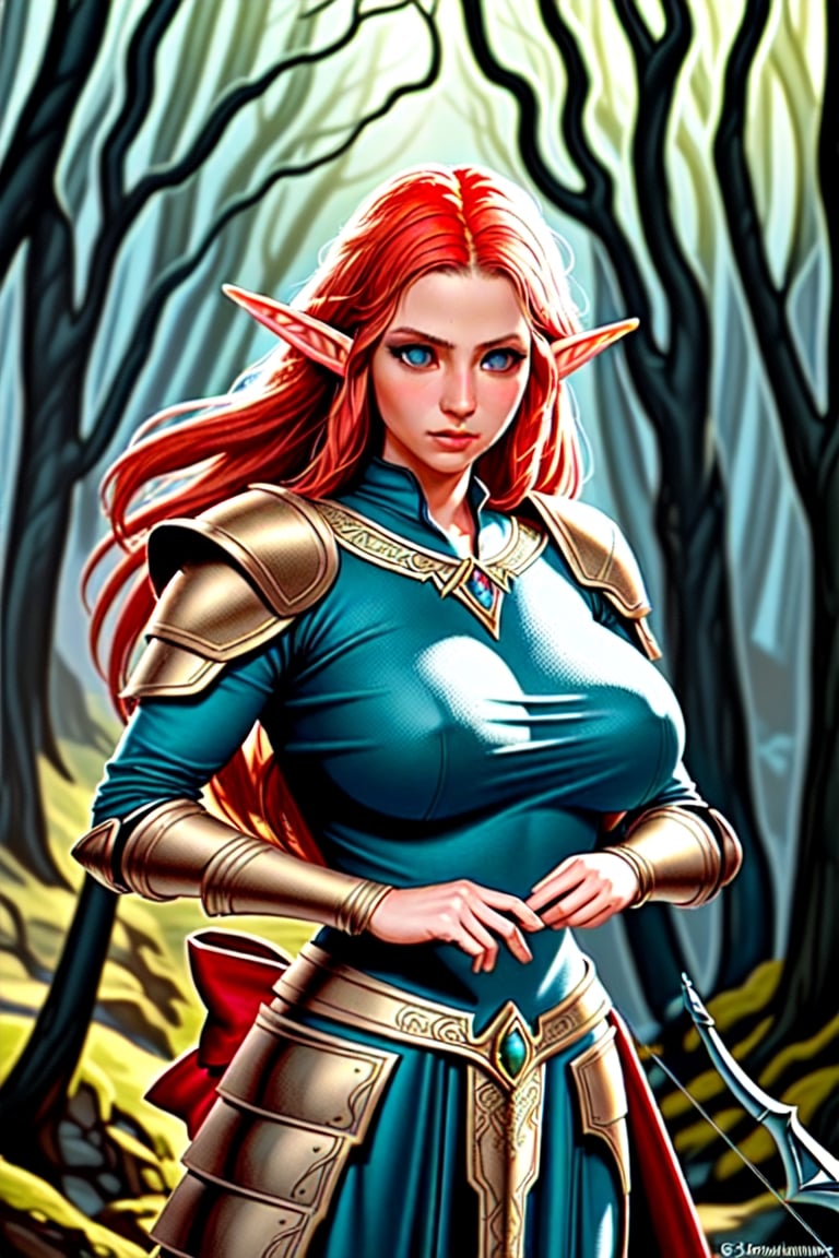 "Create a photorealistic image of a beautiful female Elven warrior with perfect face and body big breasts Red hair and blu...