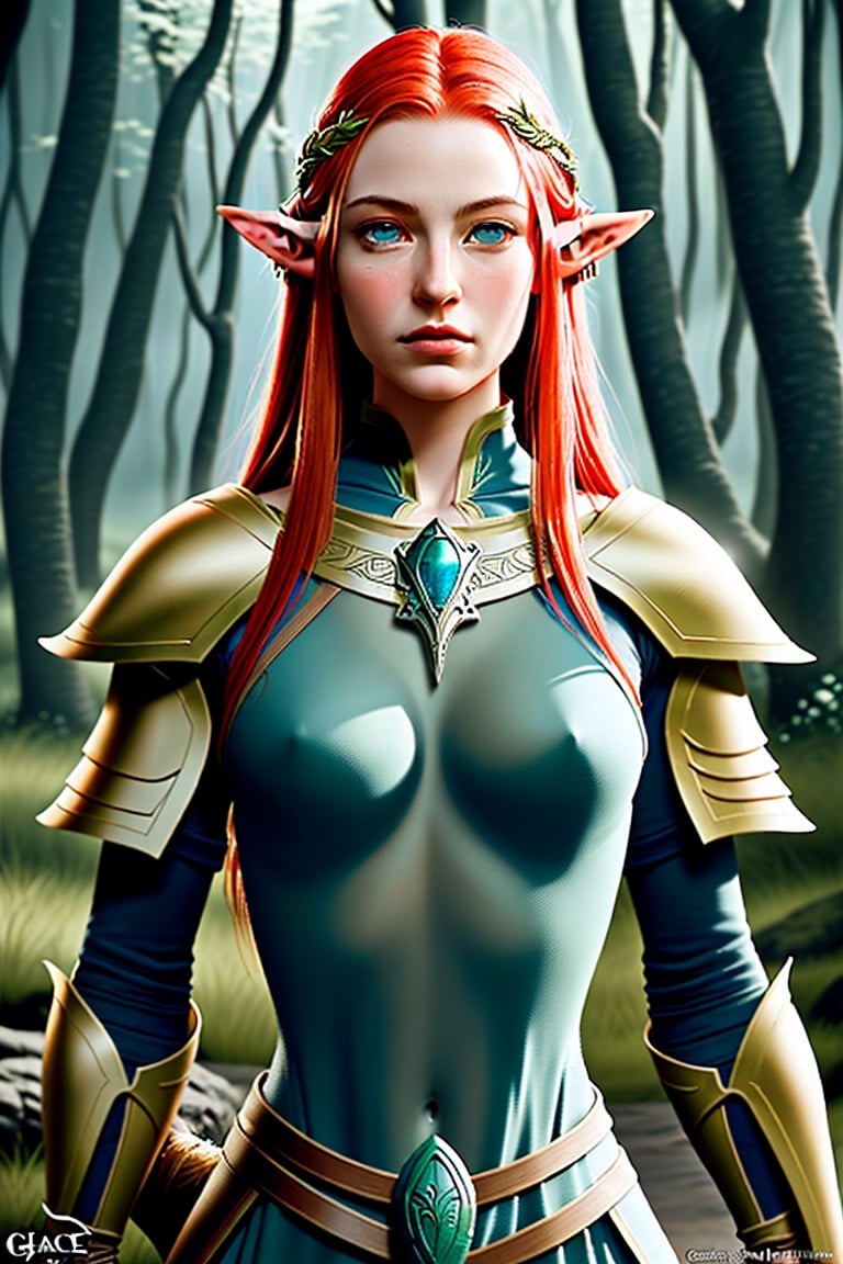 "Create a photorealistic image of a beautiful female Elven warrior with perfect face and body Red hair and blue eyes from...