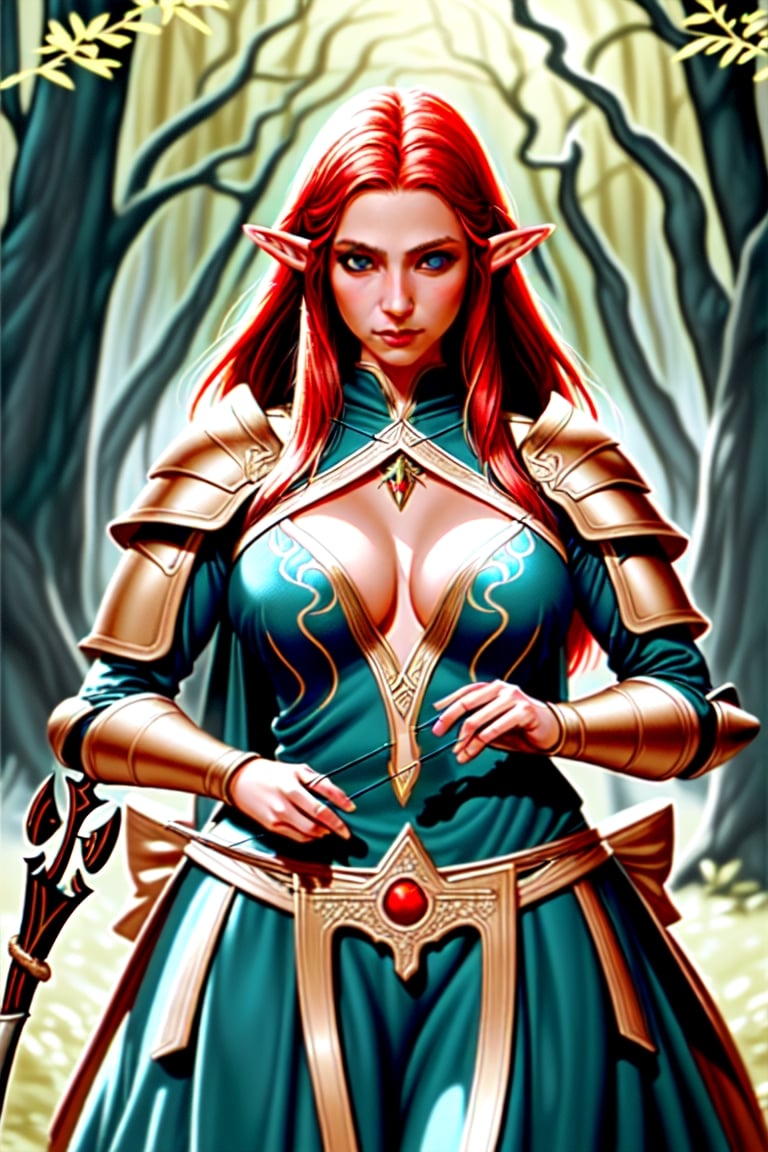 "Create a photorealistic image of a beautiful female Elven warrior with perfect face and body big breasts Red hair and blu...