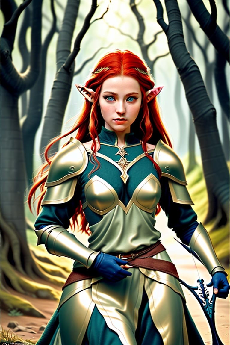 "Create a photorealistic image of a beautiful female Elven warrior with perfect face and body Red hair and blue eyes from...