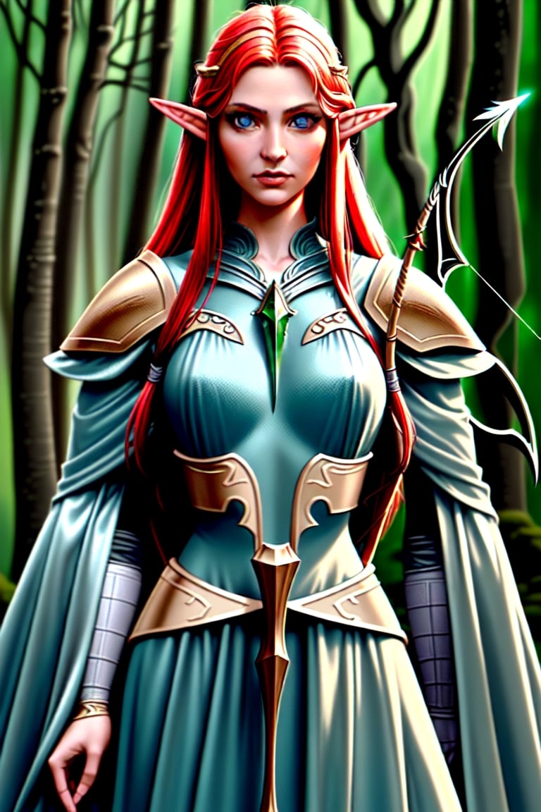 "Create a photorealistic image of a beautiful female Elven warrior with perfect face and body Red hair and blue eyes from...