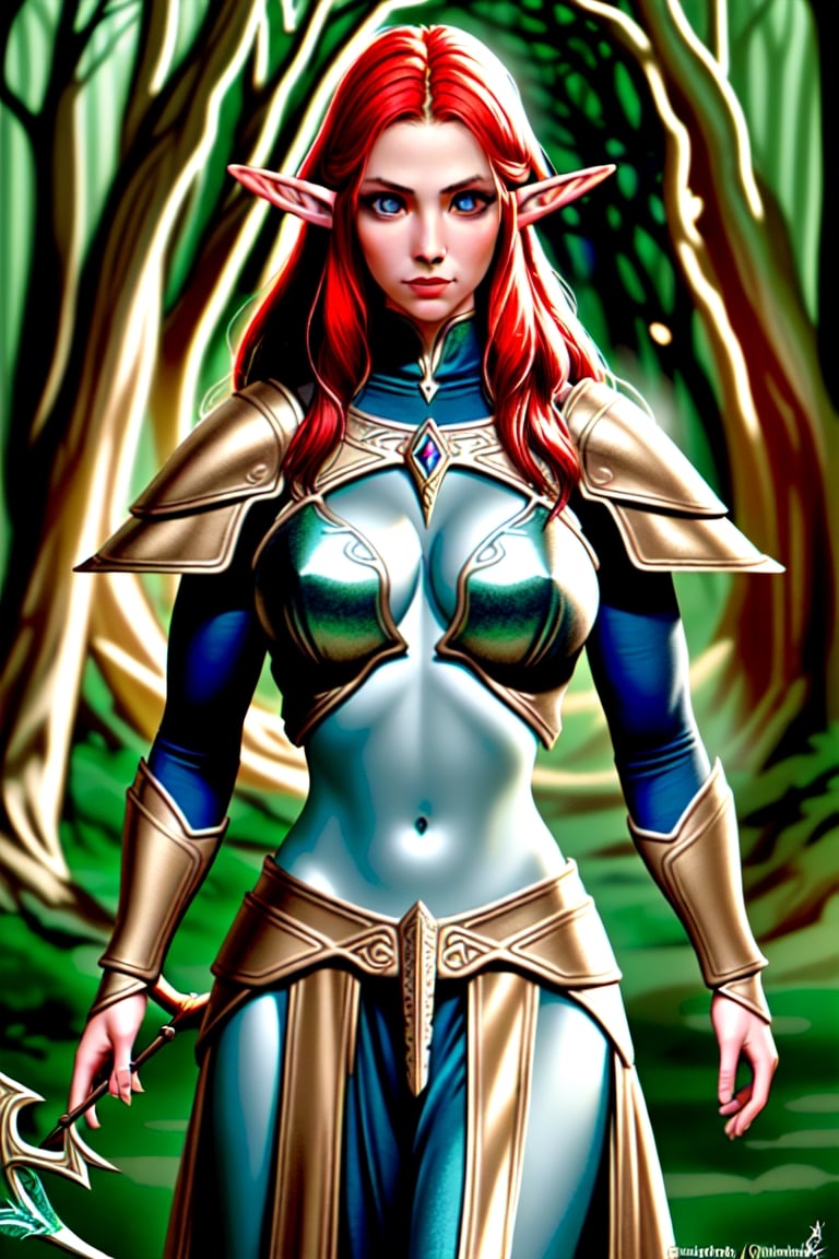 "Create a photorealistic image of a beautiful female Elven warrior with perfect face and body big breasts Red hair and blu...