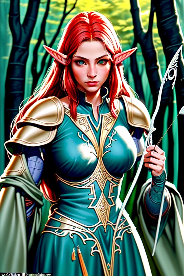"Create a photorealistic image of a beautiful female Elven warrior with perfect face and body big breasts Red hair and blu...