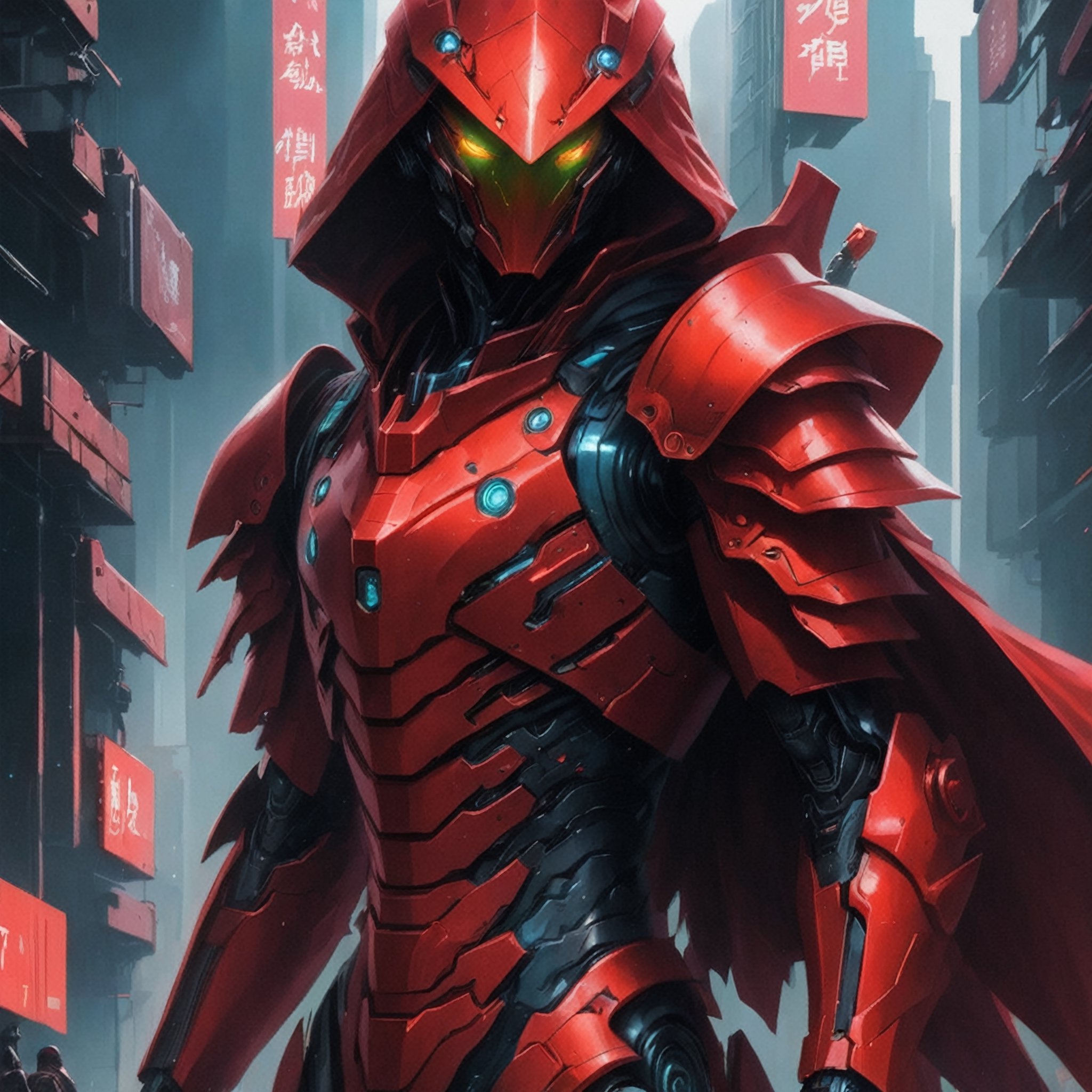 masterpiece, ,Leonardo Style, illustration, ((Little close up, upper body)), (Young Man), (seen from back:1.4), hooded, (tech warrior), serious eyes, (looking ahead, facing the final boss, Weastern magical creature:1.4), intricate red armor, (standing:1.4), ferocious aura,cyberpunk style,greg rutkowski, cyborg style,1girl roujinzhi,cyberpunk,