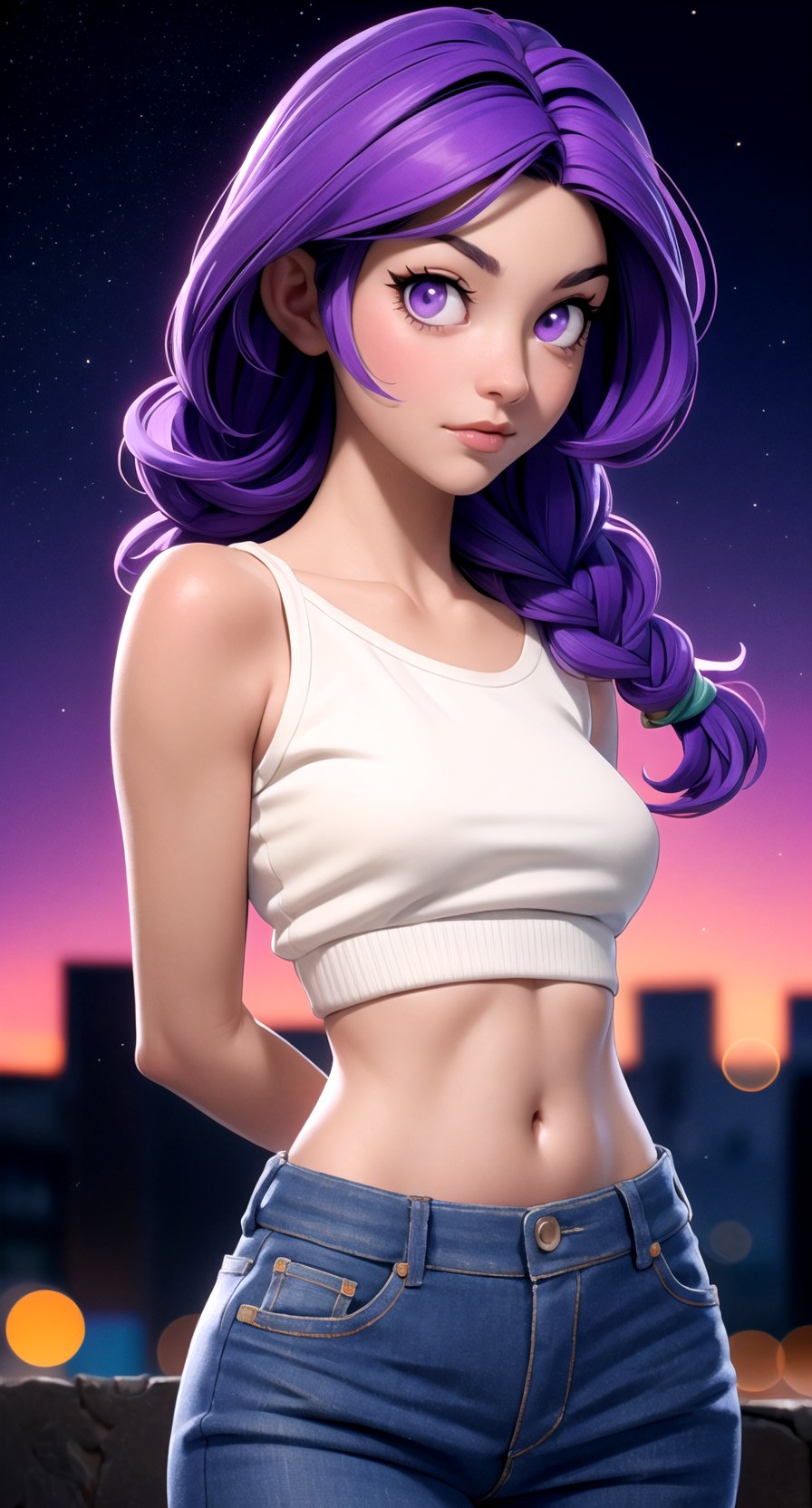 (hyperealistic detailed face:1.2), (looking at viewer:1.2), (frontal view), centered, upper body, award winning frontal photography, masterpiece, | (arms behind back), (beautiful detailed eyes:1.2), braided hairstyle, (purple hair color), (light purple eyes), (black tube top), midriff, navel, lowleg jeans, | sunset, bokeh, depth of field, | urban, street, City, | starry sky, vaporwave color scheme, (saturated colors:1.2), ,3DMM