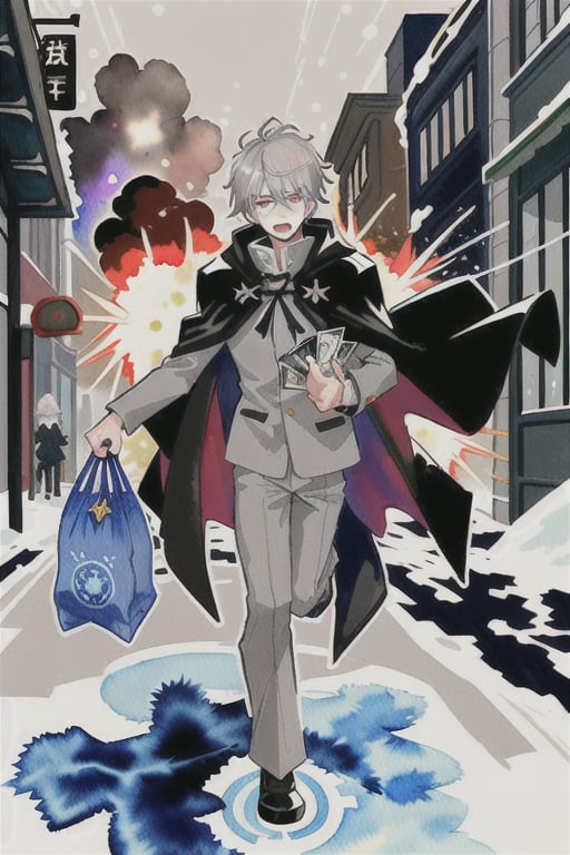 watercolor,boy,gray hair,wearing a pitch black cloak, clock shaped magic circles,explosion,white as snow skin,martial world,holding two bags full of money,robbing a bank,running in the street,explosion on the bank