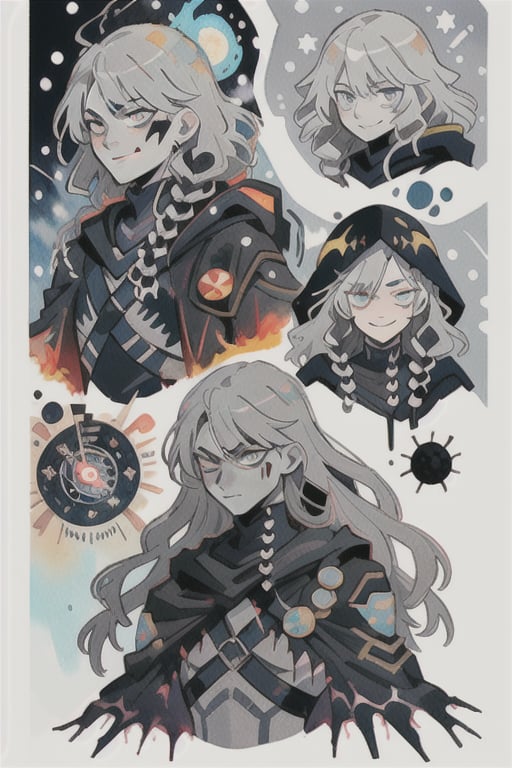 watercolor,boy,long gray hair,glitching,pitch black void cloak,white as snow skin,emotionless_eyes,time control,god killer,immortal,villian,dark blue clock,void,judgement,magic circles,evil smile,fireball, explosion,CharacterSheet