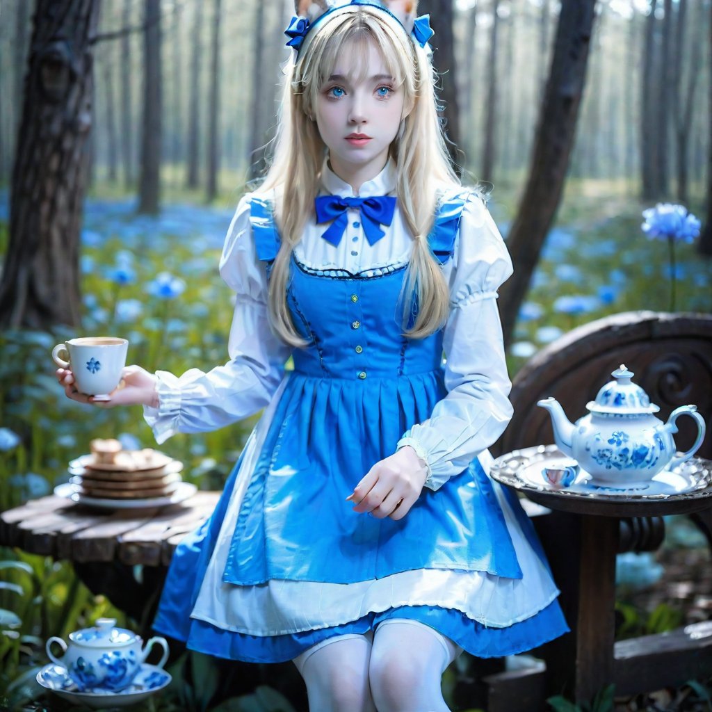 , (alice in wonderland:1.25) ,baroque, cute,fantastic colorful, outdoors (forest:1.2) ,(depth of field:1.25),(solo:1.5), (1girl),((golden hair),[messy] long hair),(bow hair band), blue eyes ,bow ,maid dress (blue+white),white pantyhose, (dramatic angle:1.2), looking to the side, books, clock , teapot, [plate], coffee cup, floating, lily (flower),(dessert:1.2),flowers meadows, (ultra-detailed:1.2),(illustration:1.25),Spirit Fox Pendant,shenshou,huayu,LinkGirl,horror,zj