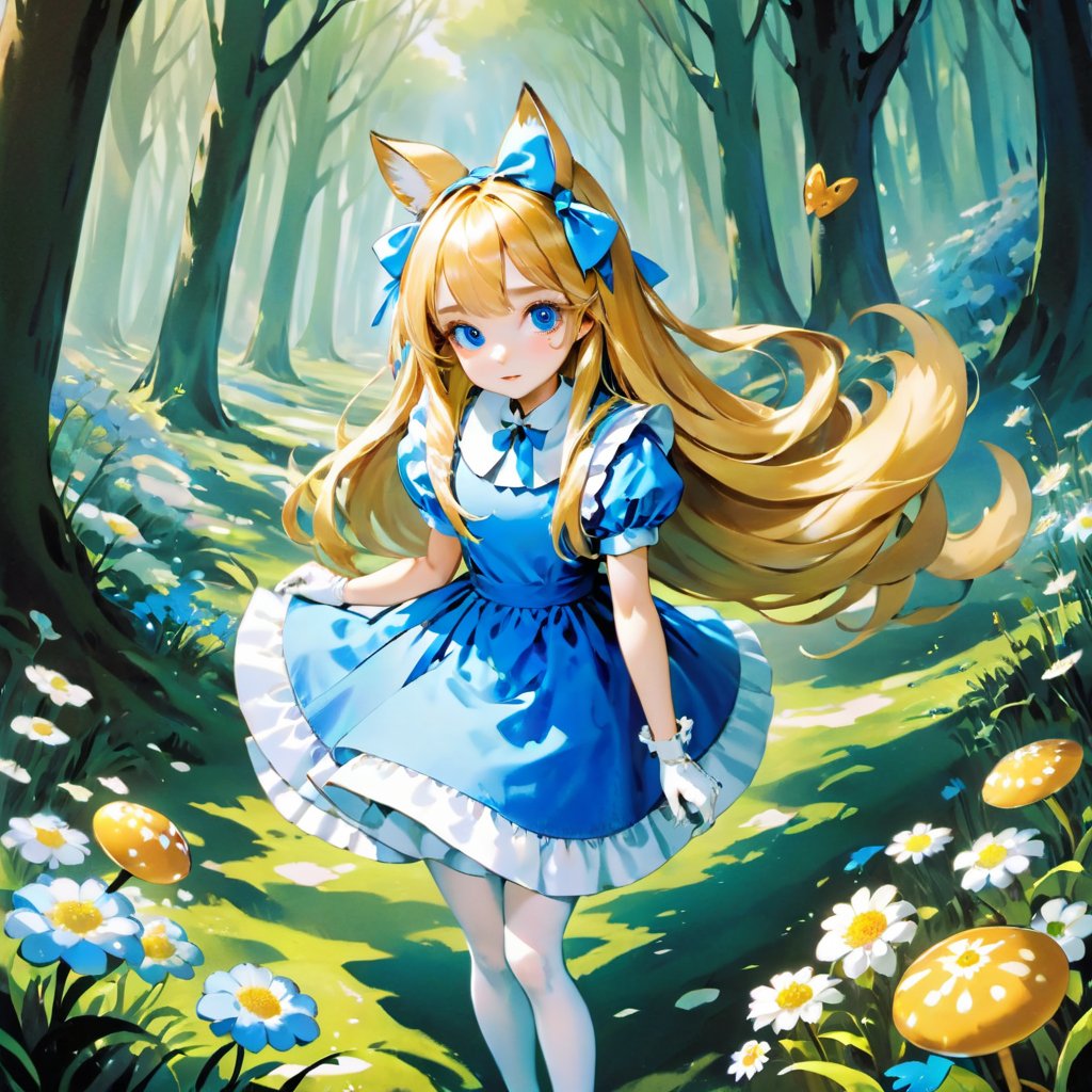 , (alice in wonderland:1.25) ,baroque, cute,fantastic colorful, outdoors (forest:1.2) ,(depth of field:1.25),(solo:1.5), (1girl),((golden hair),[messy] long hair),(bow hair band), blue eyes ,bow ,maid dress (blue+white),white pantyhose, (dramatic angle:1.2), looking to the side, books, clock , teapot, [plate], coffee cup, floating, lily (flower),(dessert:1.2),flowers meadows, (ultra-detailed:1.2),(illustration:1.25),Spirit Fox Pendant,shenshou,huayu,LinkGirl,horror,zj,watercolor \(medium\),FilmGirl