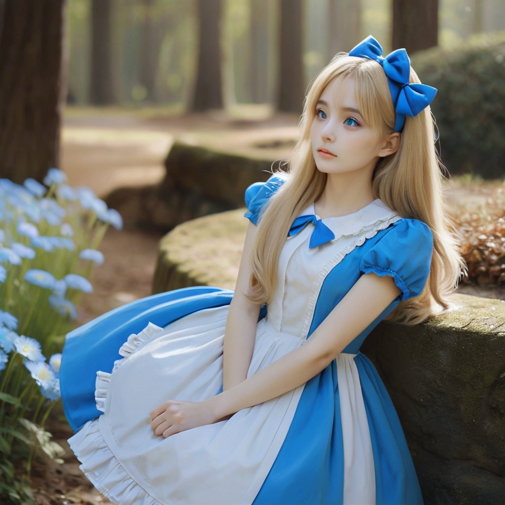 , (alice in wonderland:1.25) ,baroque, cute,fantastic colorful, outdoors (forest:1.2) ,(depth of field:1.25),(solo:1.5), (1girl),((golden hair),[messy] long hair),(bow hair band), blue eyes ,bow ,maid dress (blue+white),white pantyhose, (dramatic angle:1.2), looking to the side, books, clock , teapot, [plate], coffee cup, floating, lily (flower),(dessert:1.2),flowers meadows, (ultra-detailed:1.2),(illustration:1.25),