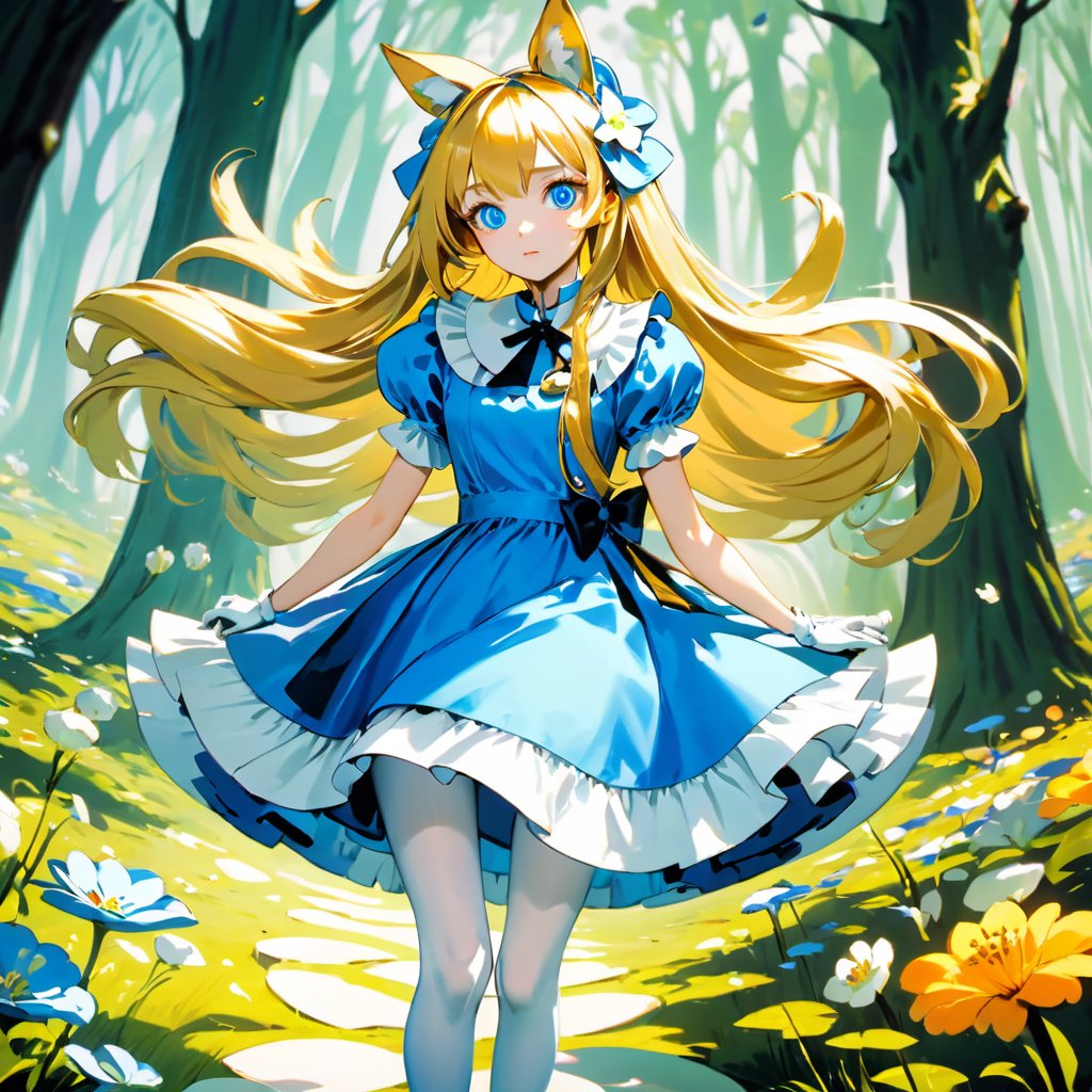 , (alice in wonderland:1.25) ,baroque, cute,fantastic colorful, outdoors (forest:1.2) ,(depth of field:1.25),(solo:1.5), (1girl),((golden hair),[messy] long hair),(bow hair band), blue eyes ,bow ,maid dress (blue+white),white pantyhose, (dramatic angle:1.2), looking to the side, books, clock , teapot, [plate], coffee cup, floating, lily (flower),(dessert:1.2),flowers meadows, (ultra-detailed:1.2),(illustration:1.25),Spirit Fox Pendant,shenshou,huayu,LinkGirl,horror,zj,watercolor \(medium\),FilmGirl,1girl,HZ Steampunk,girl,xwhd,danknis