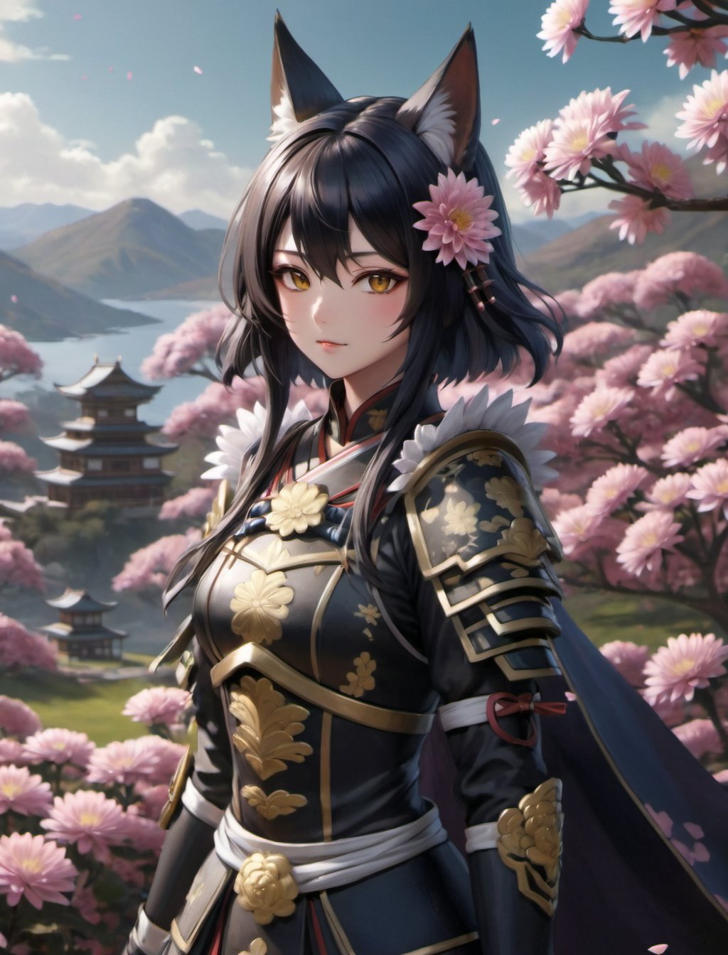 {(The beauty in the form of a closeup from the {female {fox girl} samurai}} wearing her {{intricate {dark samurai armor} with {chrysanthemum flowers} details}} posing within a beautiful scenic landscape as background:1.5)}, {(best quality anime masterpiece:1.5)}, (ultra detailed face, ultra detailed eyes, ultra detailed mouth, ultra detailed body, ultra detailed hands, detailed clothes), (immersive background + detailed scenery), {symmetrical intricate details + symmetrical sharpen details}, {(aesthetic pleasant details + beautiful details + harmonic details)}