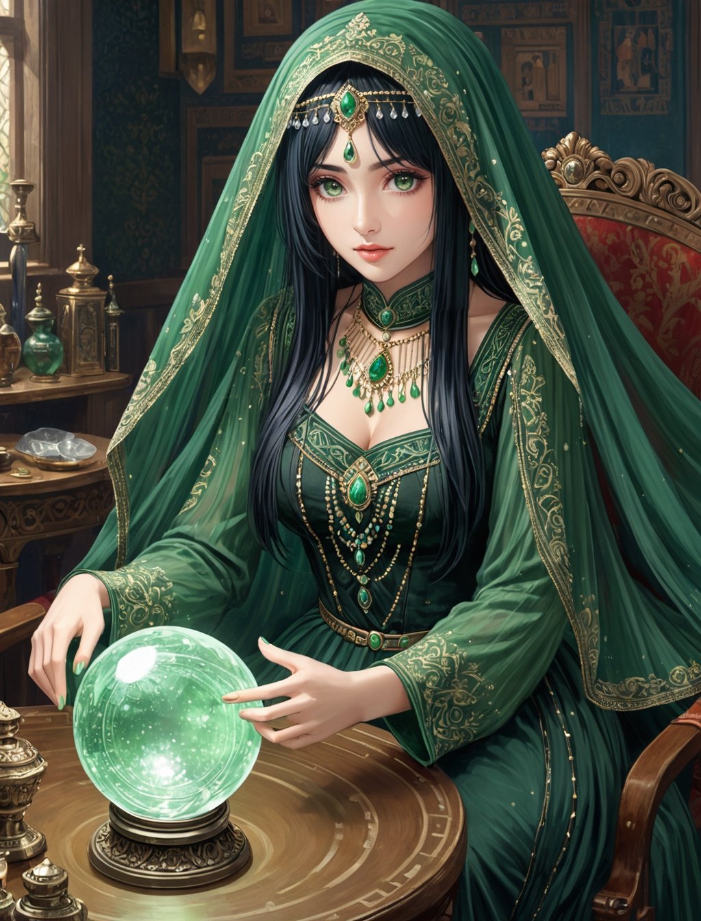 {(with mysticism and mistery as her ancestors heritage, the fortune teller BREAK(pale, {long straight {black hair}}, {delicate {green colored romani dress with a veil}}, light colored eyes:1.5) sitting at her {round table with a {crystal ball}} in front of it ready to see the future of the viewer:1.5)}, {(best quality impressionist masterpiece:1.5)}, (ultra detailed face, ultra detailed eyes, ultra detailed mouth, ultra detailed body, ultra detailed hands, detailed clothes), (immersive background + detailed scenery), {symmetrical intricate details + symmetrical sharpen details}, {(aesthetic details + beautiful details + harmonic details)}