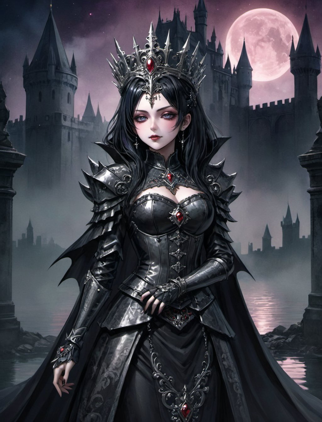 {{(while exhaling an opressive and cursed aura} a closeup of the {{victorian styled gothic themed} cursed armored dark queen} poses for the viewer while embraced by an {{eerie and mysterious {watercolored night} with a {destroyed castle} scenery background}}:1.5)}, {(best quality anime masterpiece:1.5)}, (ultra detailed face, ultra detailed eyes, ultra detailed mouth, ultra detailed body, ultra detailed hands, detailed clothes), (immersive background + detailed scenery), {symmetrical intricate details + symmetrical sharpen details}, {(aesthetic pleasant details + beautiful details + harmonic details)}