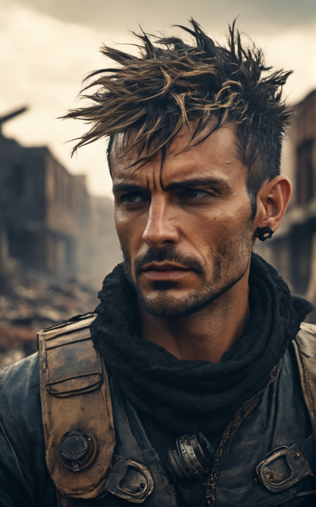 image of a thin punk 34 years old man in a middle of an apocalypse,  retro,  post-apocalyptic,  messy_hair,  stubble,  steampunk clothes,  dark fantasy,  sleazy,  defined jawline,  very crooked nose,  mature,  manly,  old skool,  cybercore,  HQ,  8k,  realistic,  photorealistic,  cinematic lighting,  moving,  emotional,  very original,  new,  newest,  very creative,  male focus,  post-apocalypic_fashion,  absurd res,  perspective,  detailed background,  background blur,  focus,  handsome male,