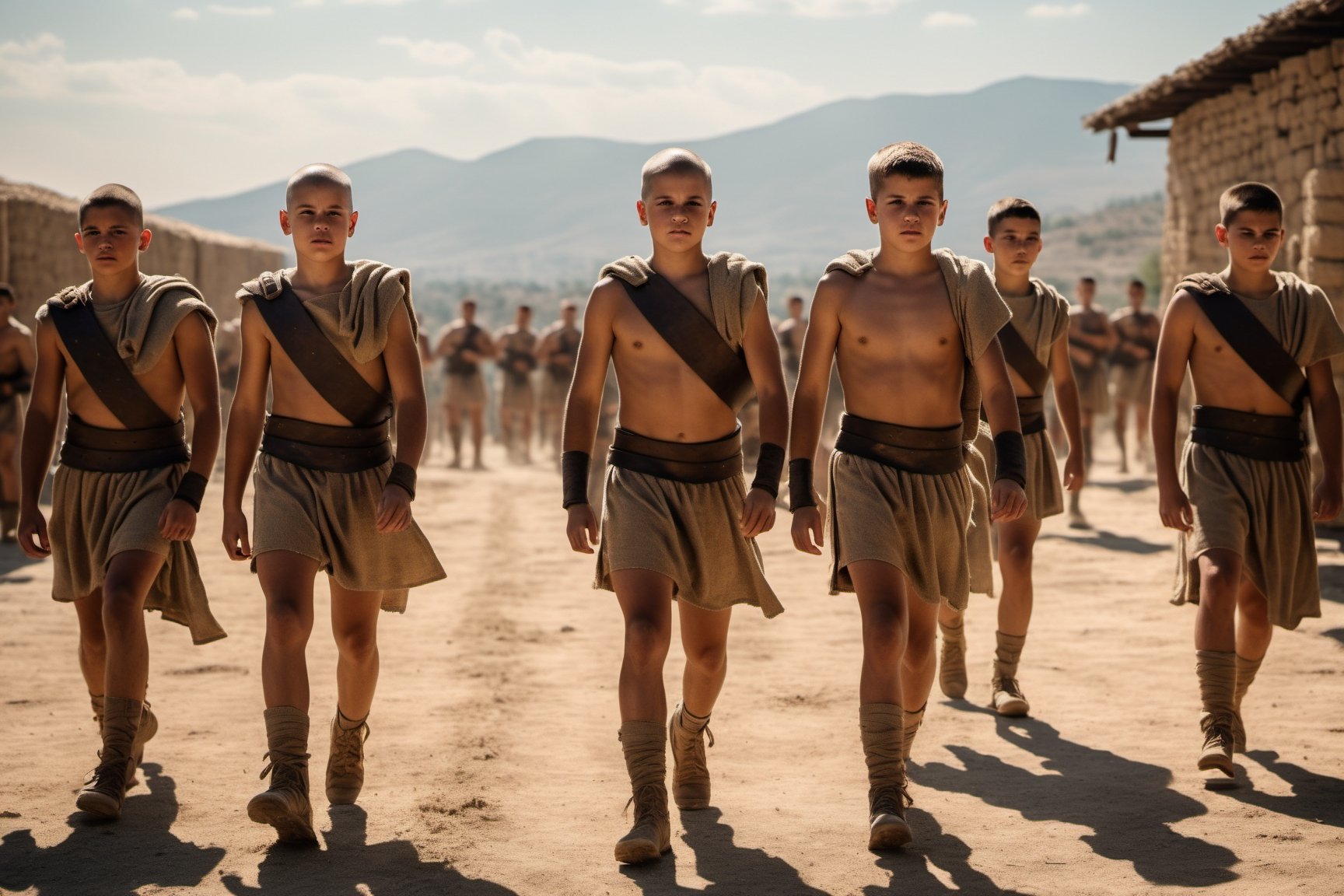 Photograph,  Cinematic still,  of a group 5 young Spartan boys in simple burlap clothes by Loxias Hunas on Tensor.Art