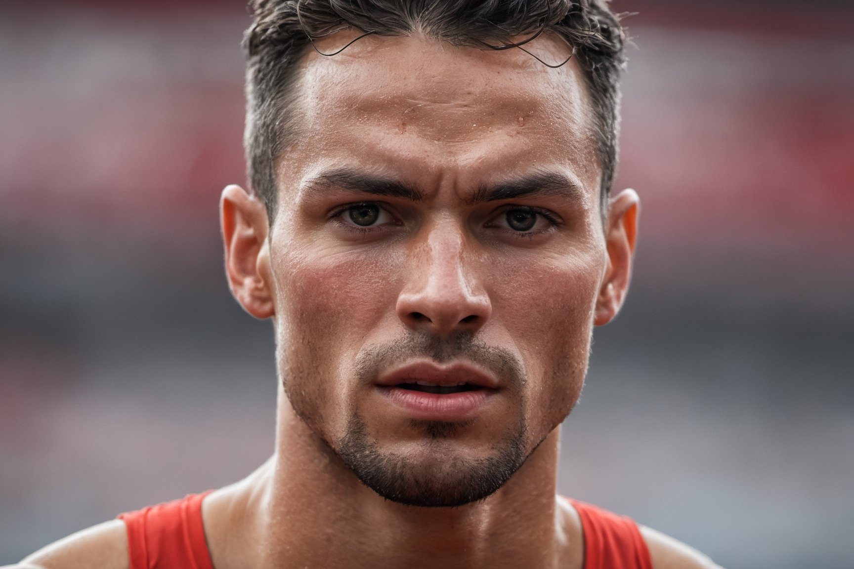 A male athlete, sweat and determination on his face captured post-race, face macro shot with Canon EOS R5, hyperrealistic photography, illustrating endurance, strength, and the spirit of competition
