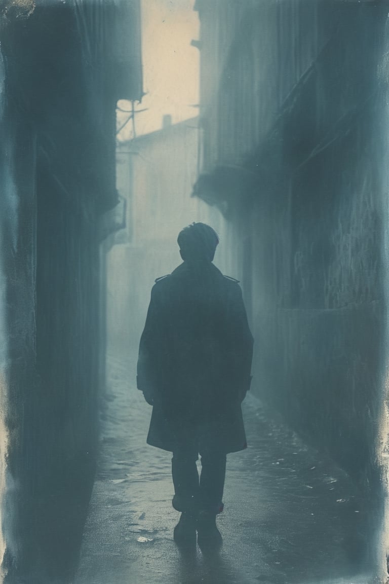 distressed cyanotype, light drizzle, boy silhouette, old alley,  contemplative attitude, foggy city background