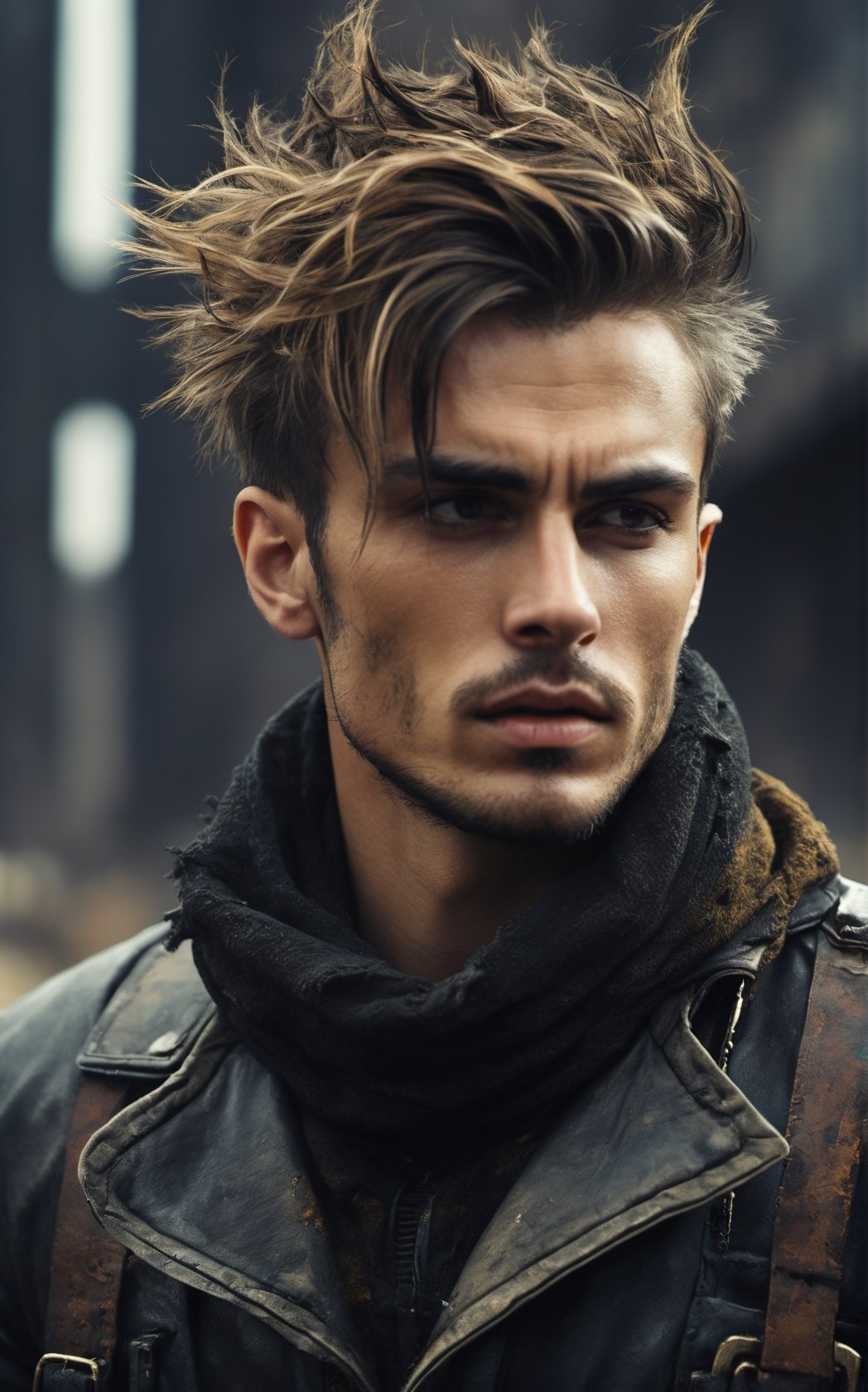 image of a thin punk 24 years old handsome man in a middle of an apocalypse,  retro,  post-apocalyptic,  messy_hair,  stubble,  steampunk clothes,  dark fantasy,  sleazy,  defined jawline,  very crooked nose,  mature,  manly,  old skool,  cybercore,  HQ,  8k,  realistic,  photorealistic,  cinematic lighting,  moving,  emotional,  very original,  new,  newest,  very creative,  male focus,  post-apocalypic_fashion,  absurd res,  perspective,  detailed background,  background blur,  focus,  handsome male,