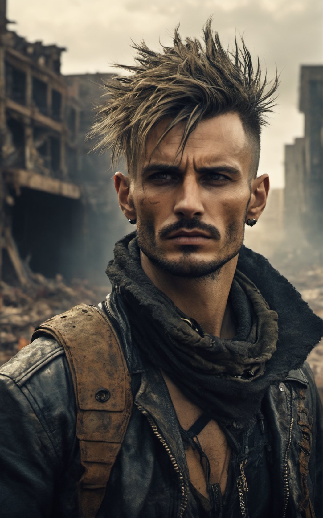 image of a thin punk man in a middle of an apocalypse,  retro,  post-apocalyptic,  messy_hair,  stubble,  steampunk clothes,  dark fantasy,  sleazy,  defined jawline,  very crooked nose,  mature,  manly,  old skool,  cybercore,  HQ,  8k,  realistic,  photorealistic,  cinematic lighting,  moving,  emotional,  very original,  new,  newest,  very creative,  male focus,  post-apocalypic_fashion,  absurd res,  perspective,  detailed background,  background blur,  focus,  handsome male,