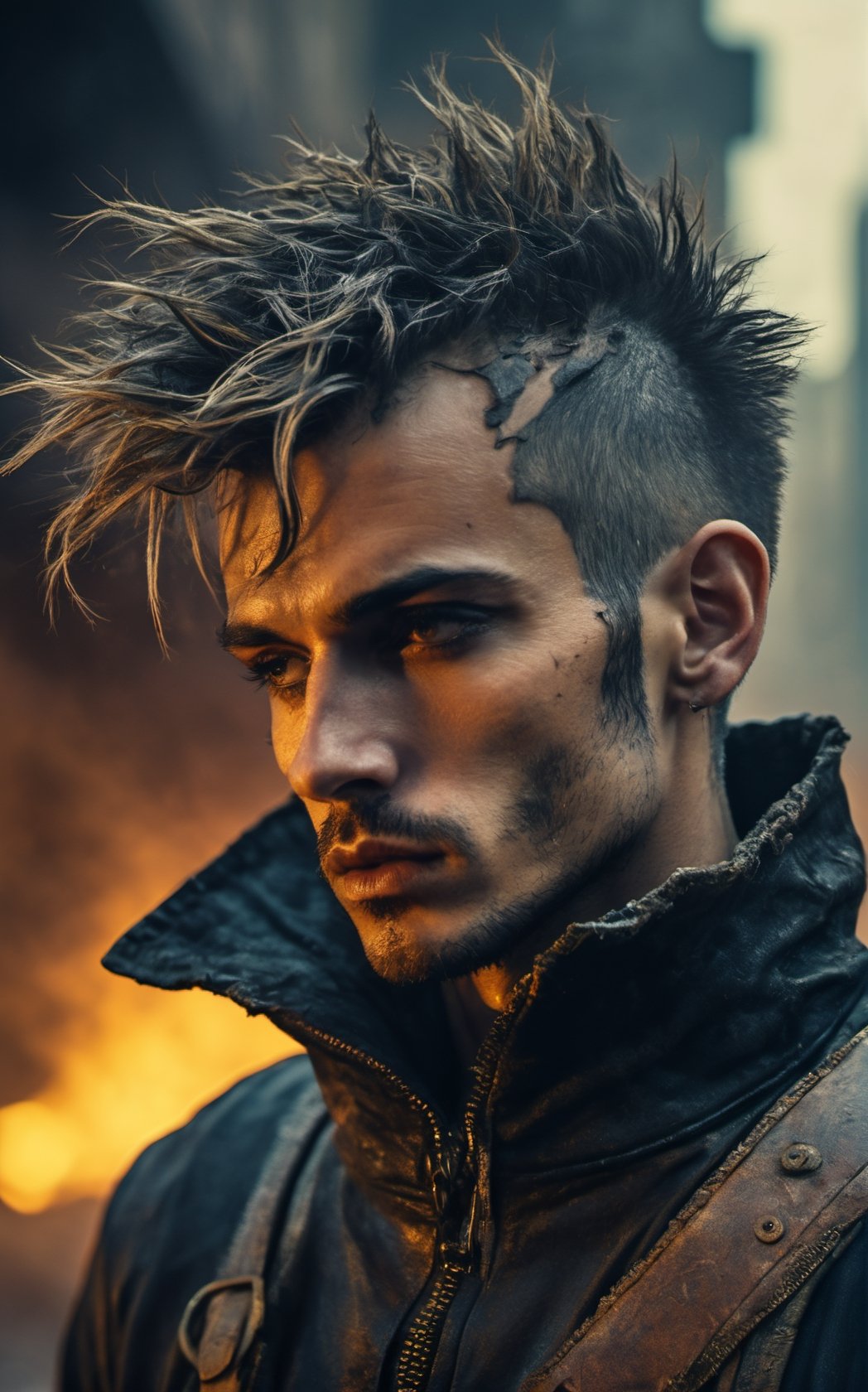 image of a thin punk man in a middle of an apocalypse,  retro,  post-apocalyptic,  messy_hair,  stubble,  steampunk clothes,  dark fantasy,  sleazy,  defined jawline,  very crooked nose,  mature,  manly,  old skool,  cybercore,  HQ,  8k,  realistic,  photorealistic,  cinematic lighting,  moving,  emotional,  very original,  new,  newest,  very creative,  male focus,  post-apocalypic_fashion,  absurd res,  perspective,  detailed background,  background blur,  focus,  handsome male,