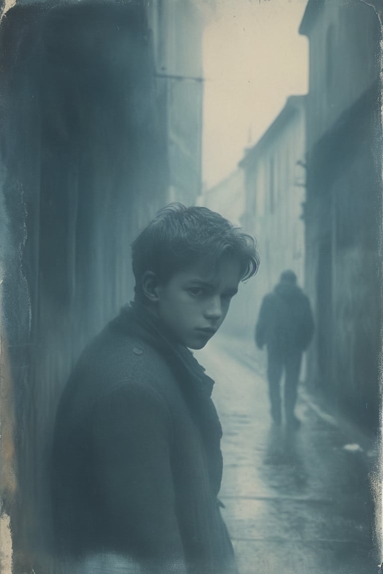 distressed cyanotype, light drizzle, boy silhouette, old alley,  contemplative attitude, foggy city background