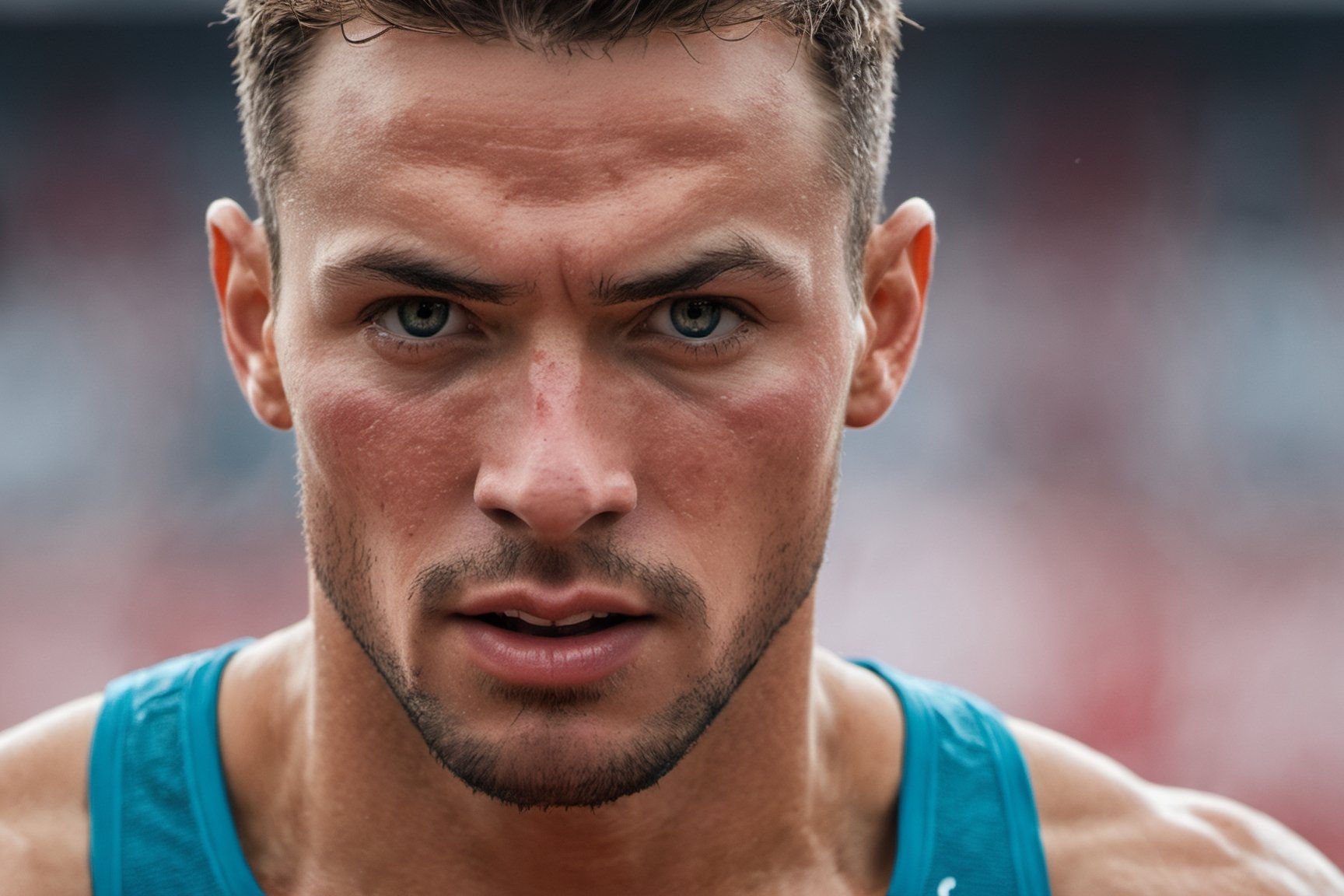 A male athlete, sweat and determination on his face captured post-race, face macro shot with Canon EOS R5, hyperrealistic photography, illustrating endurance, strength, and the spirit of competition
