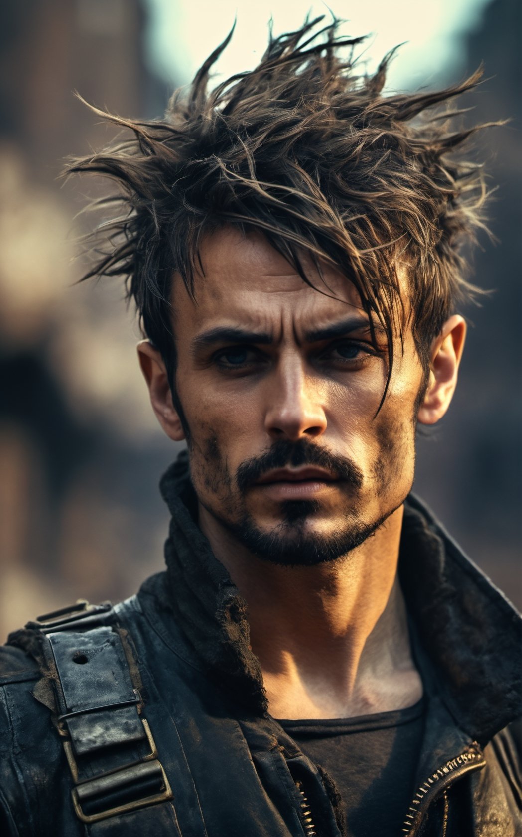 image of a thin punk 34 years old man in a middle of an apocalypse,  retro,  post-apocalyptic,  messy_hair,  stubble,  steampunk clothes,  dark fantasy,  sleazy,  defined jawline,  very crooked nose,  mature,  manly,  old skool,  cybercore,  HQ,  8k,  realistic,  photorealistic,  cinematic lighting,  moving,  emotional,  very original,  new,  newest,  very creative,  male focus,  post-apocalypic_fashion,  absurd res,  perspective,  detailed background,  background blur,  focus,  handsome male,