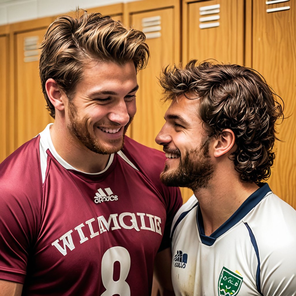 A closeup, modern gutter baroque painting style photo of a scruffy male college age rugby player leaning against a locker room wall, exchanging roguish secrets with his scruffy teammate that make them smile mischievously. They are in a swelteringly humid activity room with proudly-stanced attire.