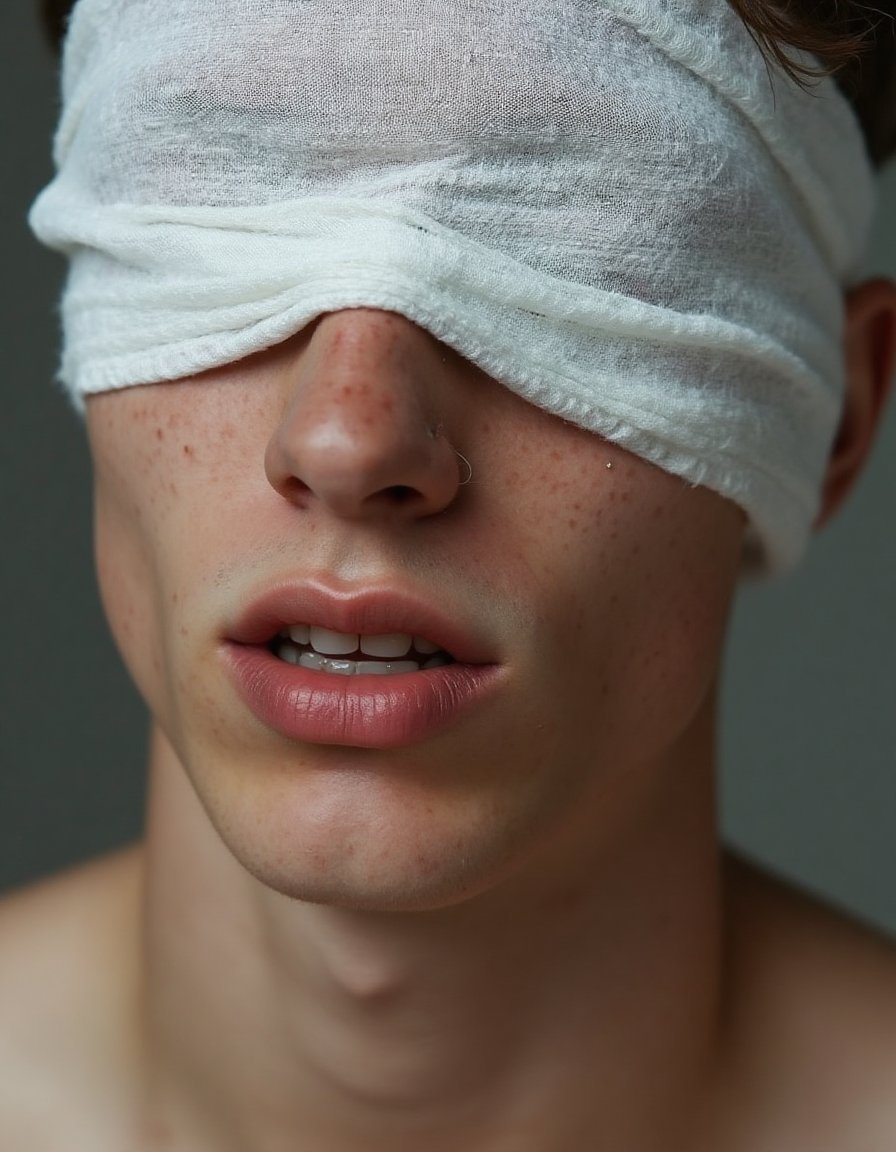 Fine art studio portrait of a handsome young man, partially blinded by a white linen cloth covering his eyes. His face is in close-up, capturing parted, fleshy full lips, slightly open to reveal a hint of teeth. A small mole and a few freckles add natural detail to his skin. The lighting is soft and diffused, highlighting his collarbone and facial features with a realistic, artistic touch. Emphasis on texture and subtle details to create an intimate, high-quality image with an evocative atmosphere.