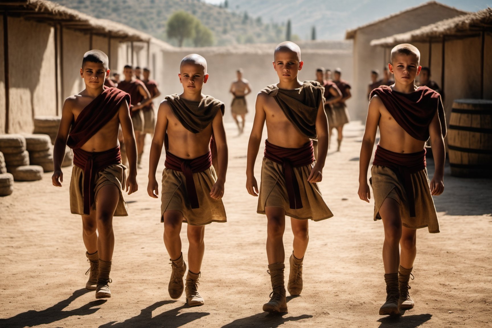 Photograph,  Cinematic still,  of a group 5 young Spartan boys in simple burlap clothes by Loxias Hunas on Tensor.Art