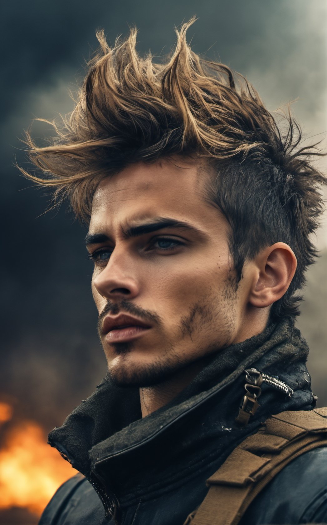 image of a thin punk 24 years old handsome man in a middle of an apocalypse,  retro,  post-apocalyptic,  messy_hair,  stubble,  steampunk clothes,  dark fantasy,  sleazy,  defined jawline,  very crooked nose,  mature,  manly,  old skool,  cybercore,  HQ,  8k,  realistic,  photorealistic,  cinematic lighting,  moving,  emotional,  very original,  new,  newest,  very creative,  male focus,  post-apocalypic_fashion,  absurd res,  perspective,  detailed background,  background blur,  focus,  handsome male,