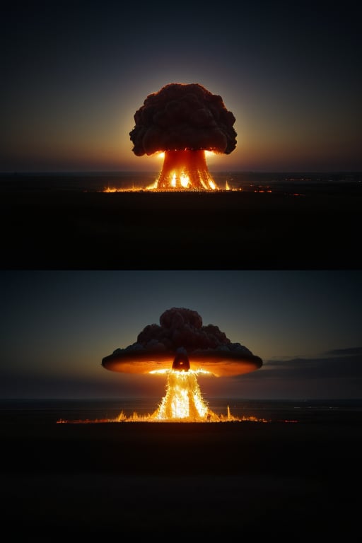 man of fire, realistic photography, advertising photo , beattles, we see the mushroom of a nuclear explosion in the distance in the horizon, sunset night

