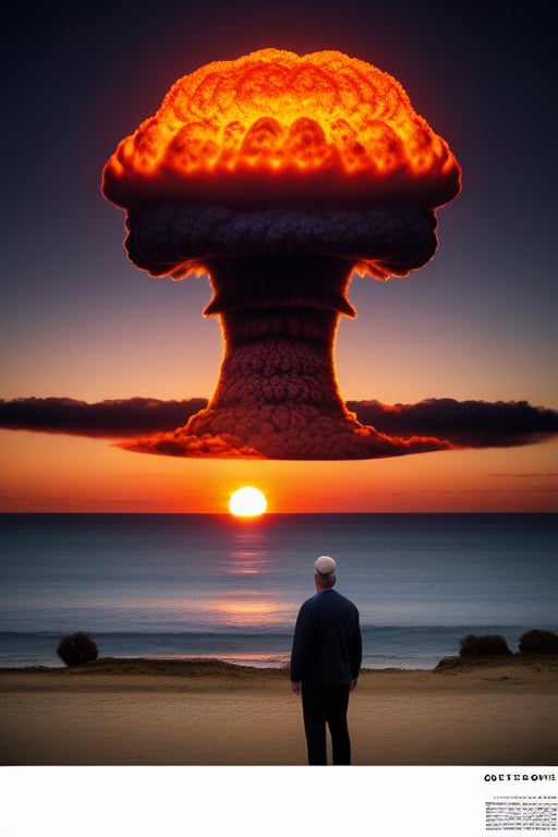 octopus man, realistic photography, advertising photo , beattles, we see the mushroom of a nuclear explosion in the distance in the horizon, sunset night

