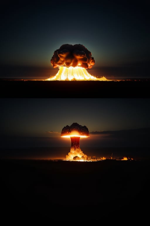 man of fire, realistic photography, advertising photo , beattles, we see the mushroom of a nuclear explosion in the distance in the horizon, sunset night

