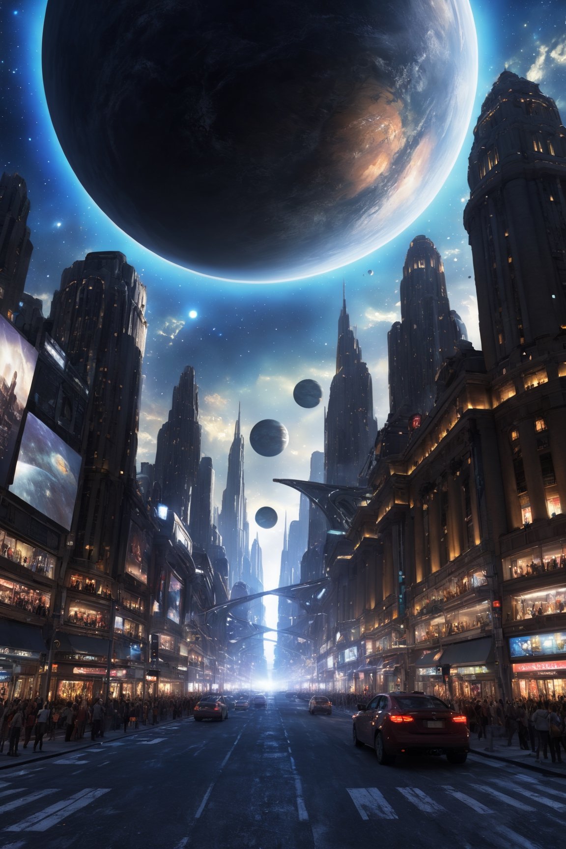 masterpiece,hyper Reality,ray-tracing,high-resolution, a street road in the middle of crowded city, the sky is full of huge planet, night, galacsy,